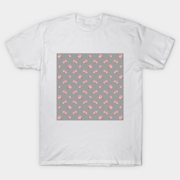 Pink Rose Illustrative Pattern on Gray T-Shirt by NataliePaskell